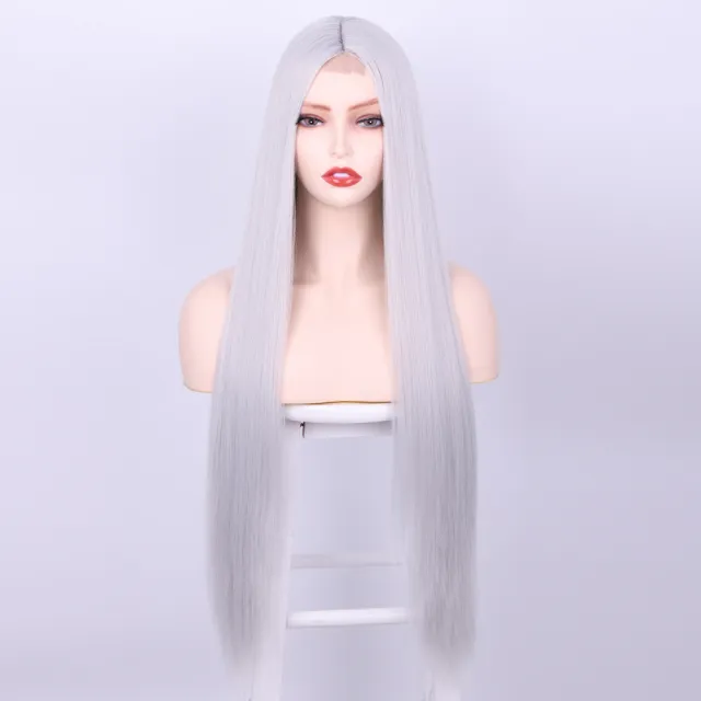 Front Lace Long Straight Hair Chemical Fiber Wig Silver Grey - Shop at LoveMi