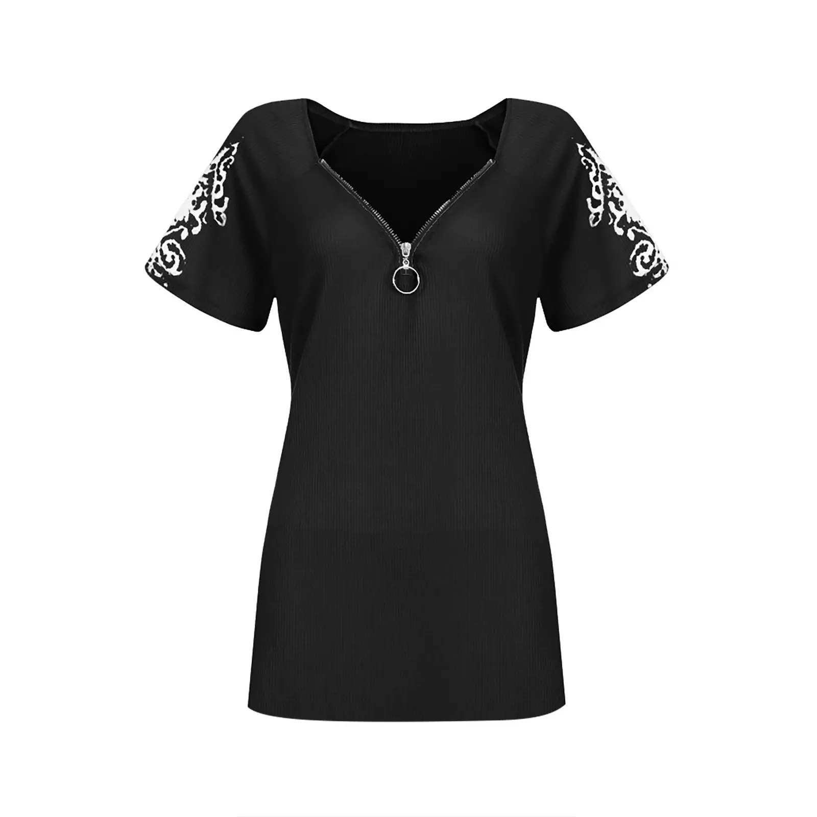 Low-cut V-neck Zipper Stitching Lace Short Sleeves