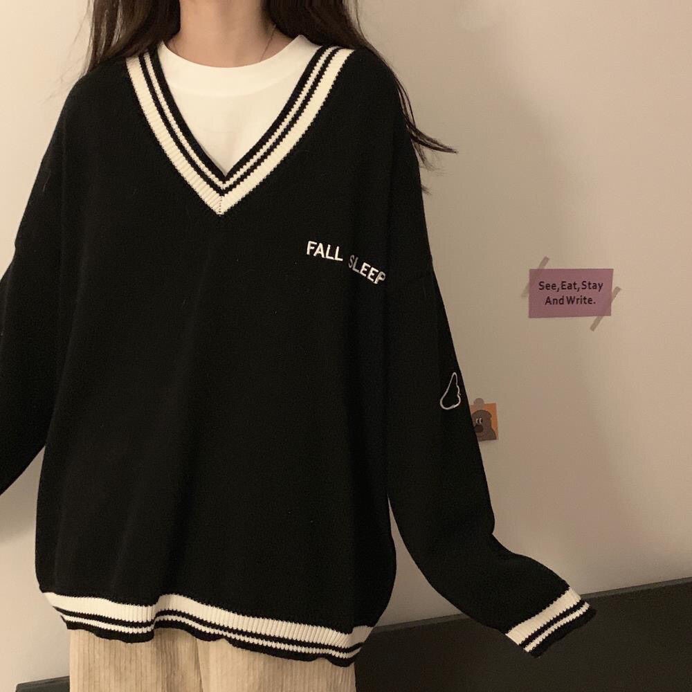 Girl Student Loose College V Neck Sweater