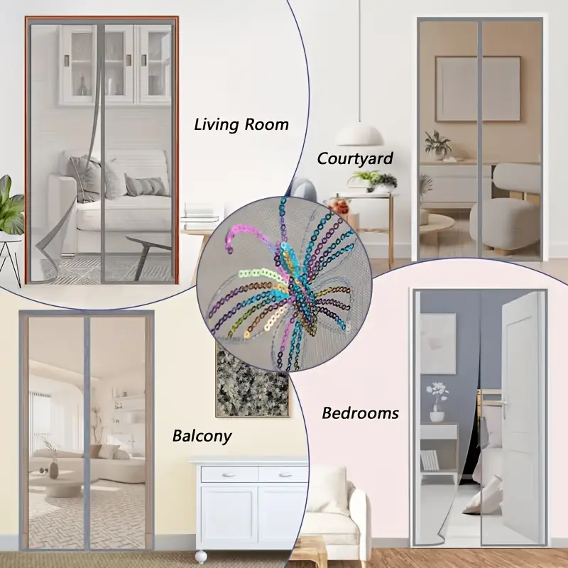 Durable Mosquito Mesh Door, Butterfly Embroidery, Magnetic Auto-Close, Thick Net, Self-Adhesive, Easy Install, Bedroom, Kitchen, Living Room, Balcony