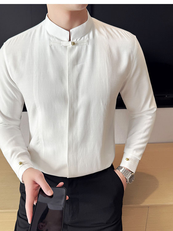 Men's Solid Color Stand Collar Long-sleeved Shirt