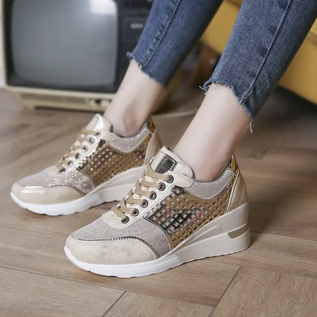 Height Increasing Shoes Hollow Out Lace up Sneakers Women Brown - Shop at LoveMi