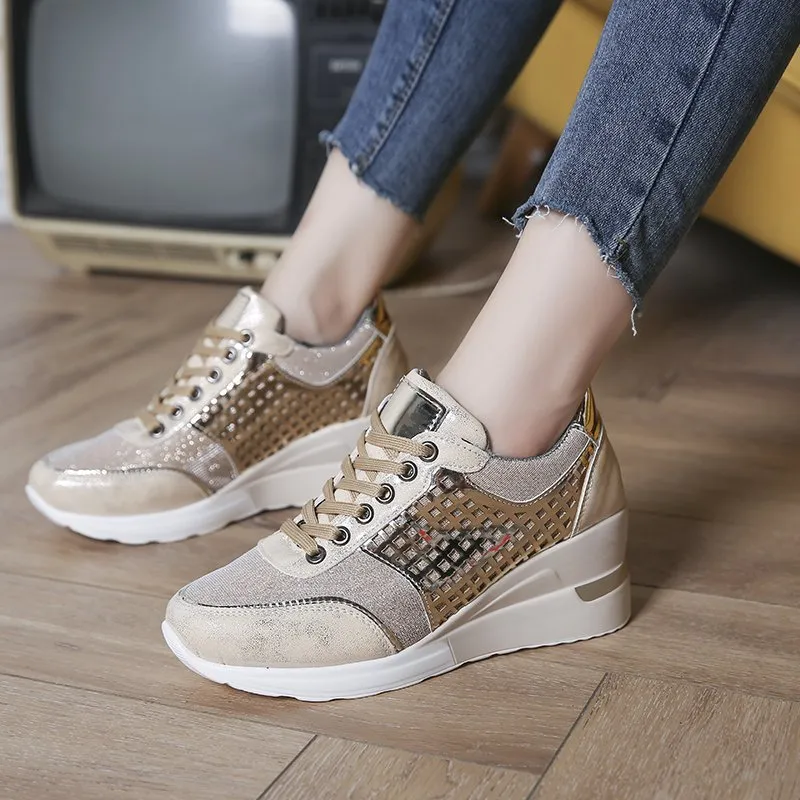 Height Increasing Shoes Hollow Out Lace-up Sneakers Women - Brown
