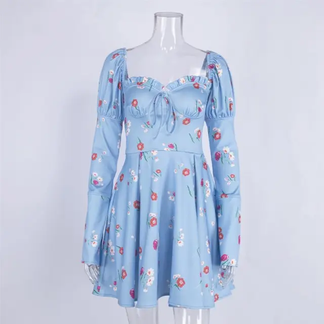 Waist looking Glamorous Long sleeved A line Dress Blue - Shop at LoveMi