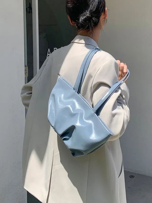 New Fashion Niche Soft Leather Fold Simple Versatile Underarm Tote Bag Shoulder Bag Blue - Shop at LoveMi