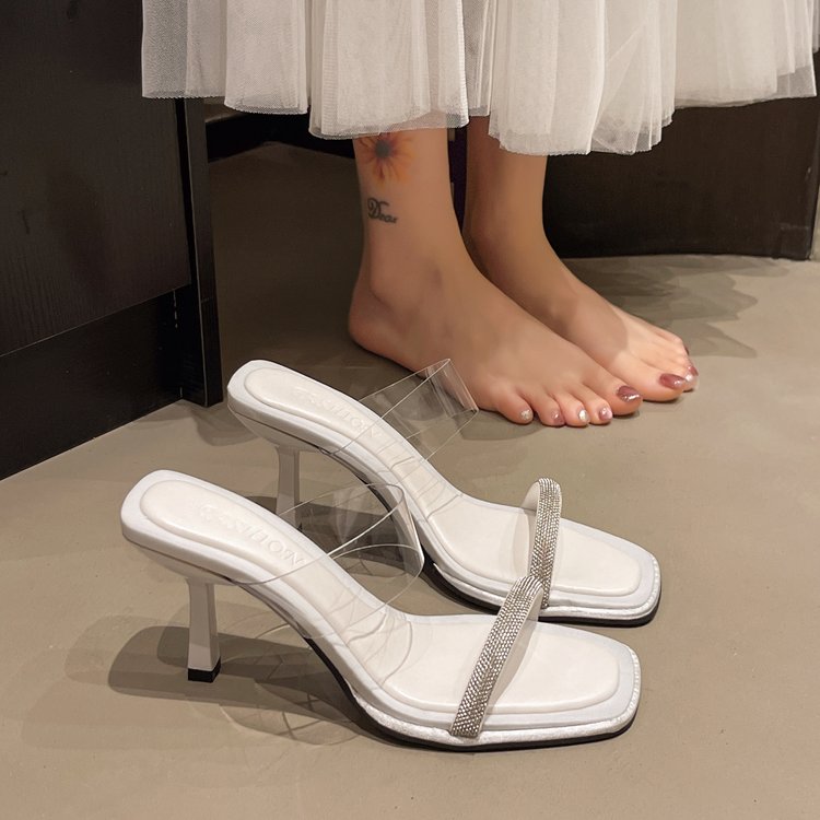 High Heels, Slippers, Rhinestones, Straight Fairy Style Dress, Square Toe, Slim Heels, Open Toed Sandals