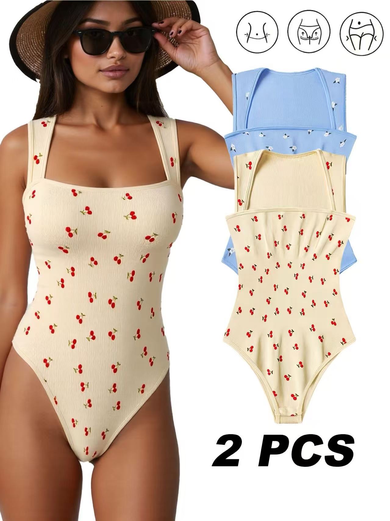 2 Packs NEW Women's Summer Outfit Baby Blue Cherry Print Jumpsuit For Women Vintage Chic, Lightweight Perfect For Commute, Comfortable Stylish, Flattering Silhouette Floral Print Cherry - Shop at LoveMi