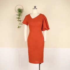 V-neck Asymmetrical Sleeve Length High Waist Bag Hip S-XXXL Plus Size Women's Dress Party Dresses - Orange - View 1