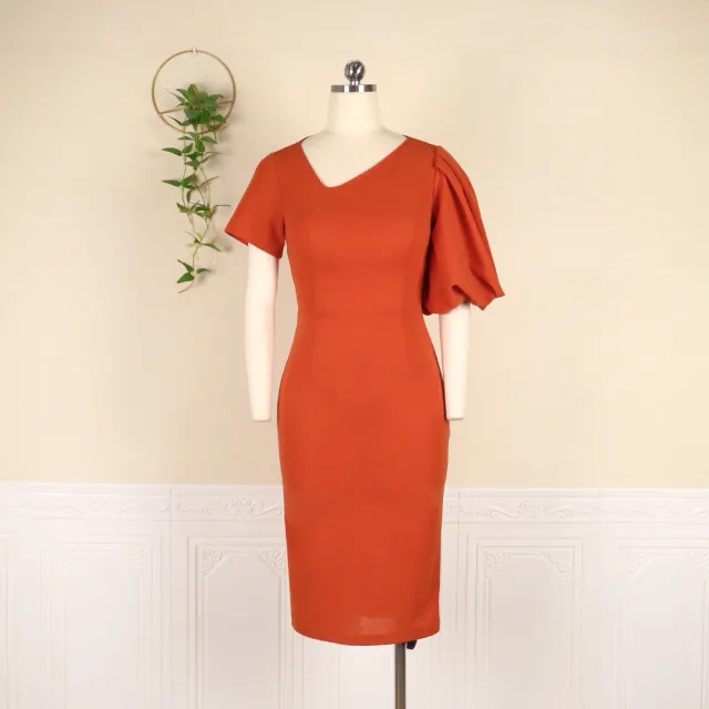 V neck Asymmetrical Sleeve Length High Waist Bag Hip S XXXL Plus Size Women's Dress Party Dresses Orange - Shop at LoveMi