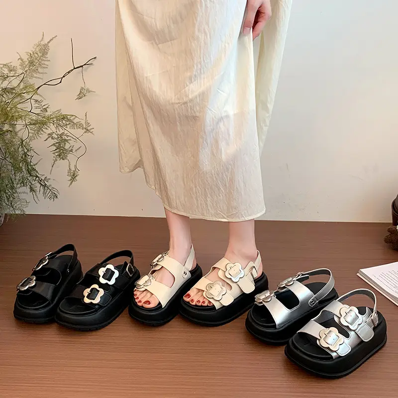 Women Sweet Girly Flower Metal Buckle Platform Sandals Matching Casual Daily