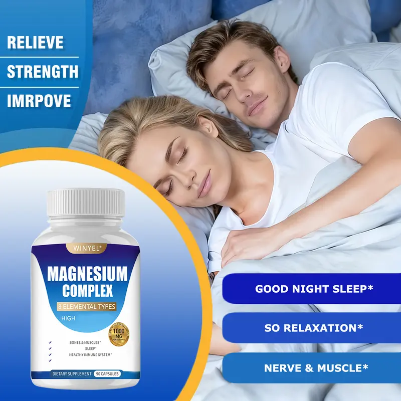 WINYEL MAGNESIUM COMPLEX Wellness Capsules With Malate & Glycinate And 8 ELEMENTAL MAGNESIUM, Supports Health 90 Capsules, Dietary Supplement.