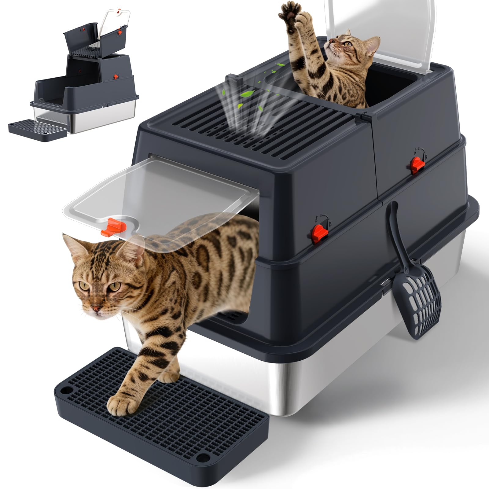 Stainless Steel Litter Box With Lid, Enclosed Metal Litter Box, Extra Large Kitty Litter Pan Covered With Scoop & Pedal, Odor Control, Odor Free, Front & Flip-Top Entry