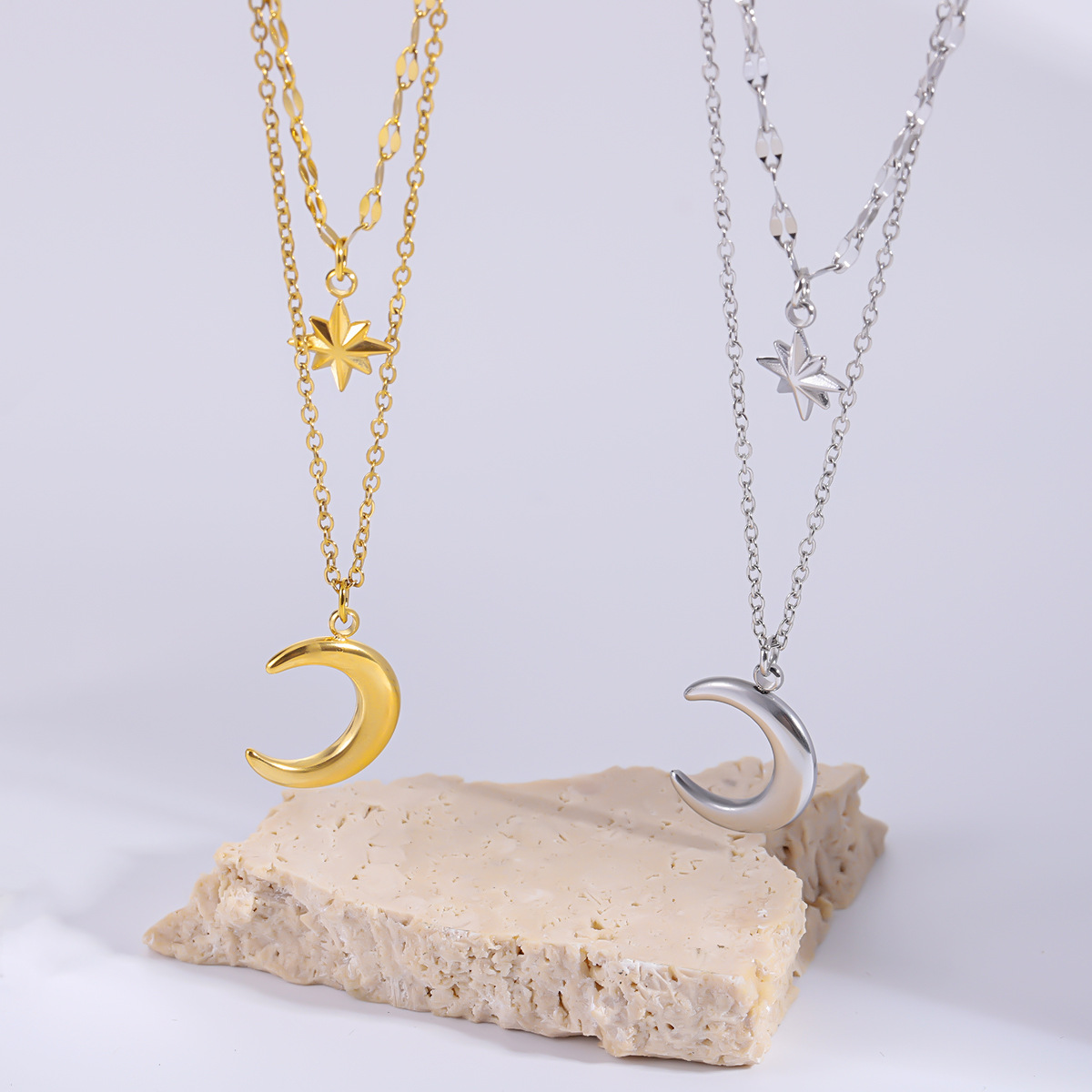 Stainless Steel Octagram Star & Moon Pendant Double Layer Necklace For Women, Light Luxury Niche Design, Stackable Clavicle Chain Jewelry