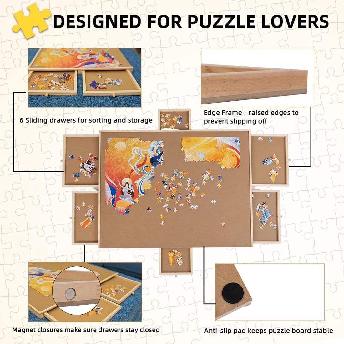 Wooden Jigsaw Puzzle Board Portable Storage Table W 6 Slid Drawer 60pcs — image 9