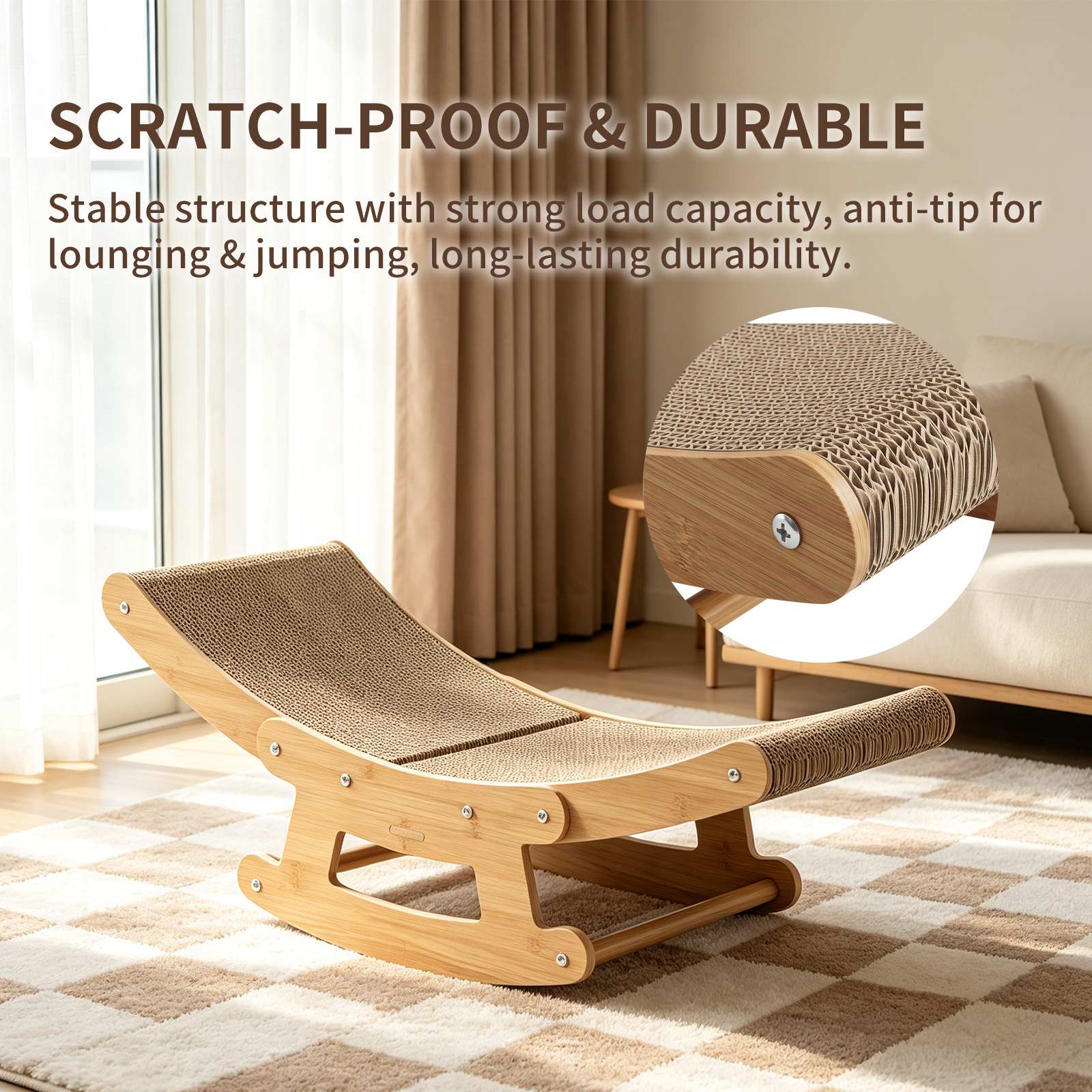 2-in-1 Cat Rocking Scratcher Chair Wooden Cat Bed Lounge Corrugated Cardboard Scratching Pad For Indoor Cats — foto 4
