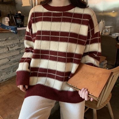 Title 1, Autumn And Winter Loose Retro Plaid Striped Swe...