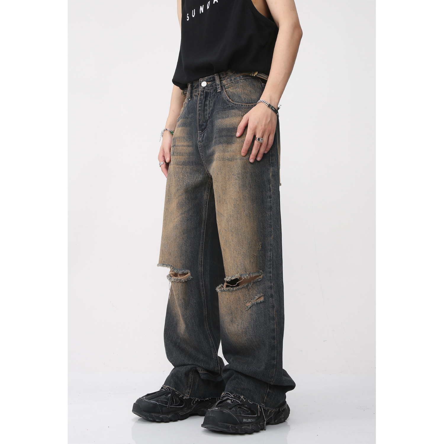 Men's Fashion Retro Distressed Rust Earthy Hole Raw Hem Jeans