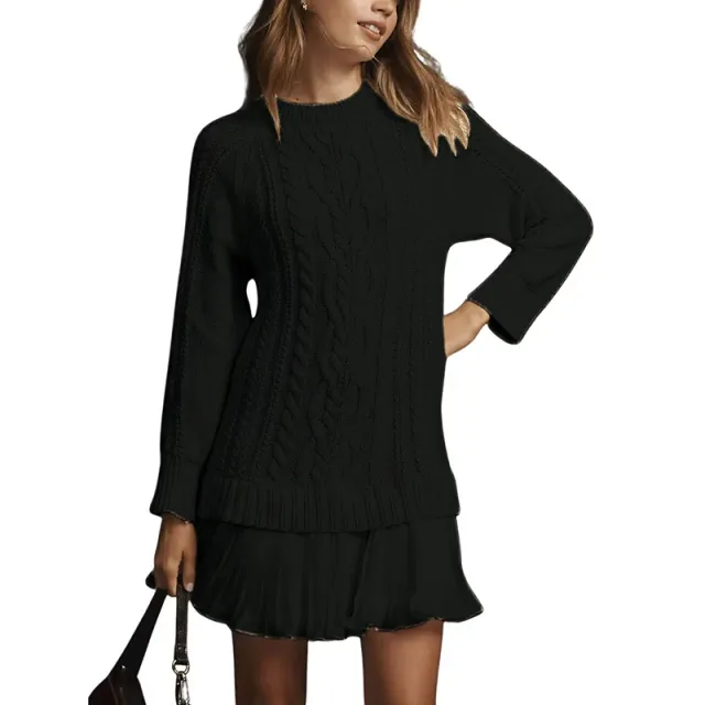 Women's Solid Color Cable Knit Sweater With Lace Hem, Round Neck Long Sleeve Top For Autumn And Winter Black - Shop at LoveMi