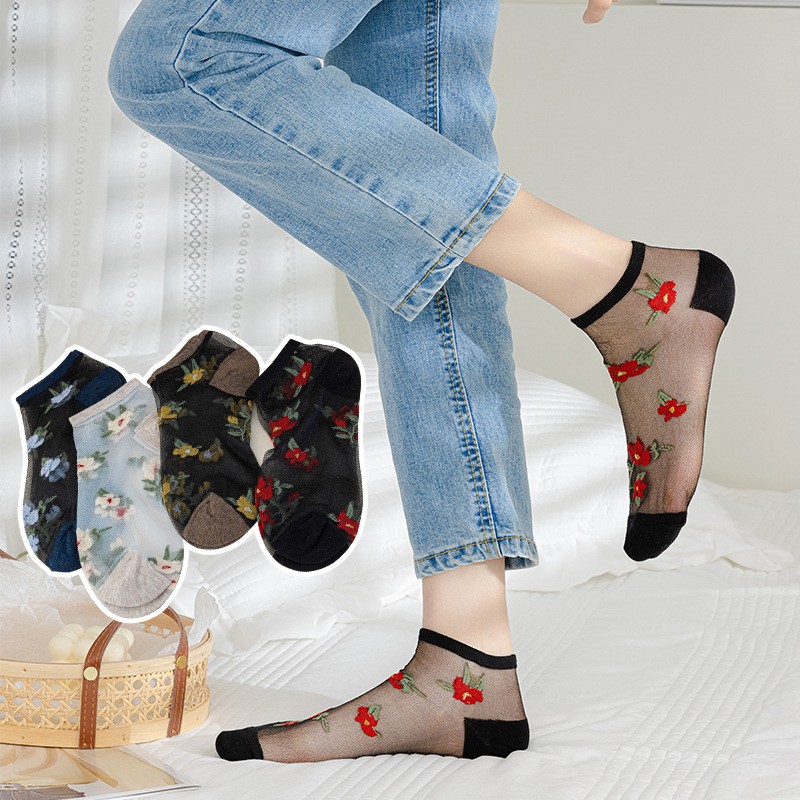5pairs Spring Summer New Ship Socks Women's Flower Ship Socks Breathable Glass Fiber Ship Socks