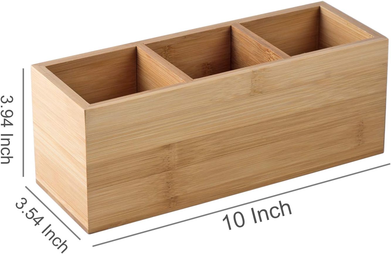 Bamboo Desk Organizer With 3 Compartments, Wooden Pen And Pencil Holder For Remote Controls, Makeup Brushes, Silverware And Office Supplies 3