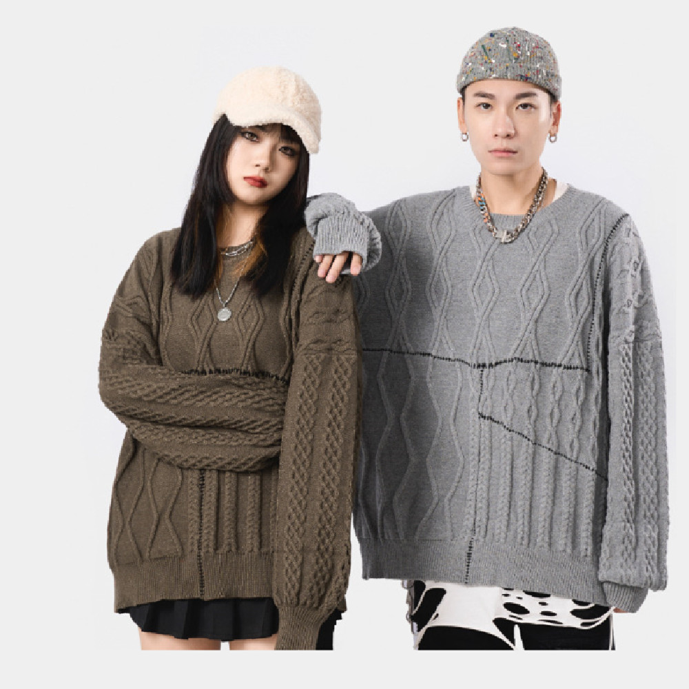 Hand Sewn Mixed Knitting Round Neck Pullover Loose Knit