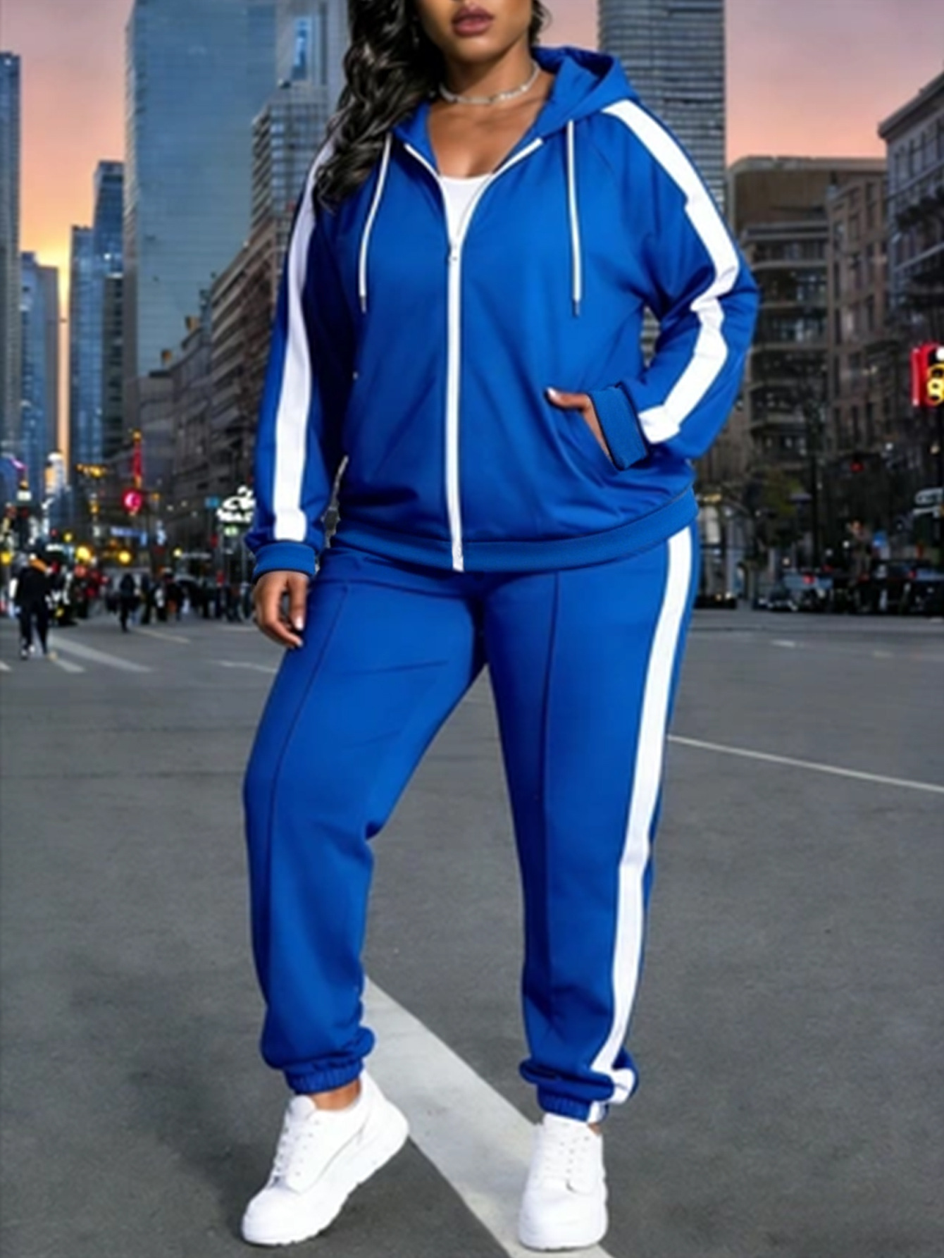 Women's Color Block Hoodie & Joggers Two-Piece Casual Tracksuit