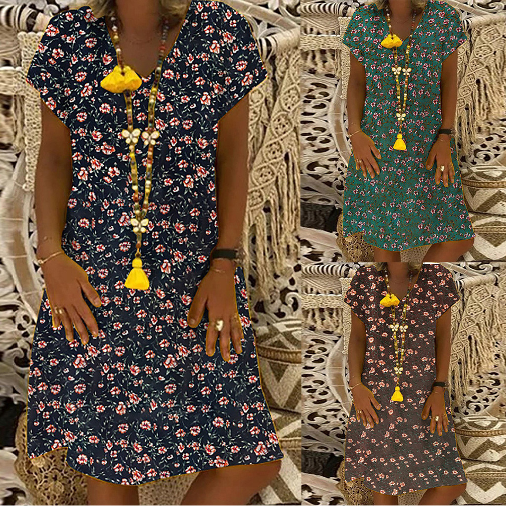 Cotton And Linen Print V-Neck Multicolor Floral Dress