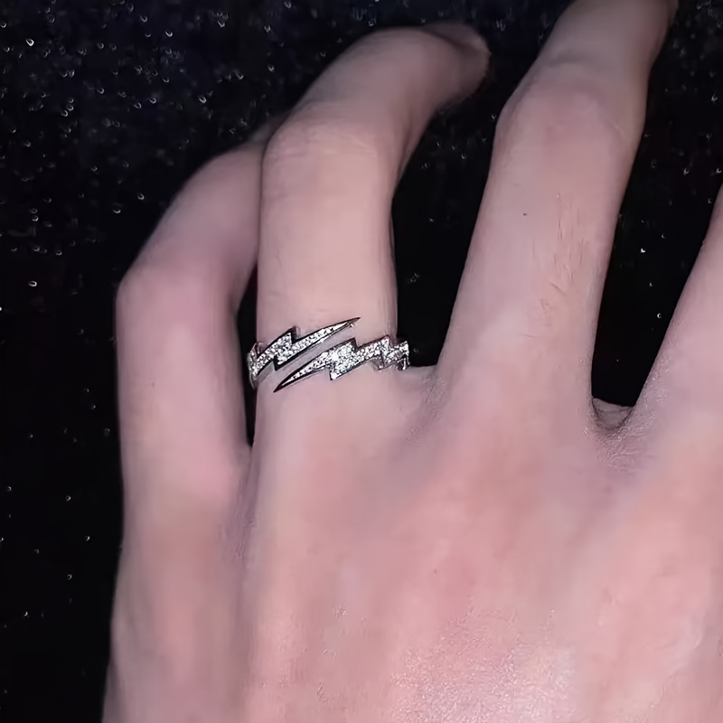 1 Piece Fashion Niche Lightning Open Ring For Men, Party Accessory, Daily Wear, Trendy Jewelry, Retro Design, Durable Rhodium-Plated Metal, Bold Accessory, Avant-Garde Shape, Ideal Gift For Style-Cons - Jewelry & Watches