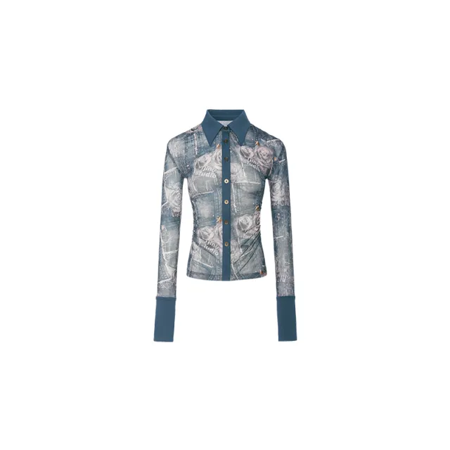 Mid length Printed Mesh Pleated Waist Shirt Blue - Shop at LoveMi
