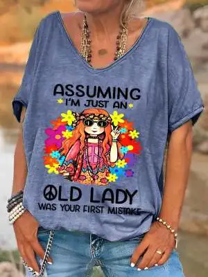 Women's Printed Wear Round Neck Casual Loose T shirt Women's Top Blue - Shop at LoveMi