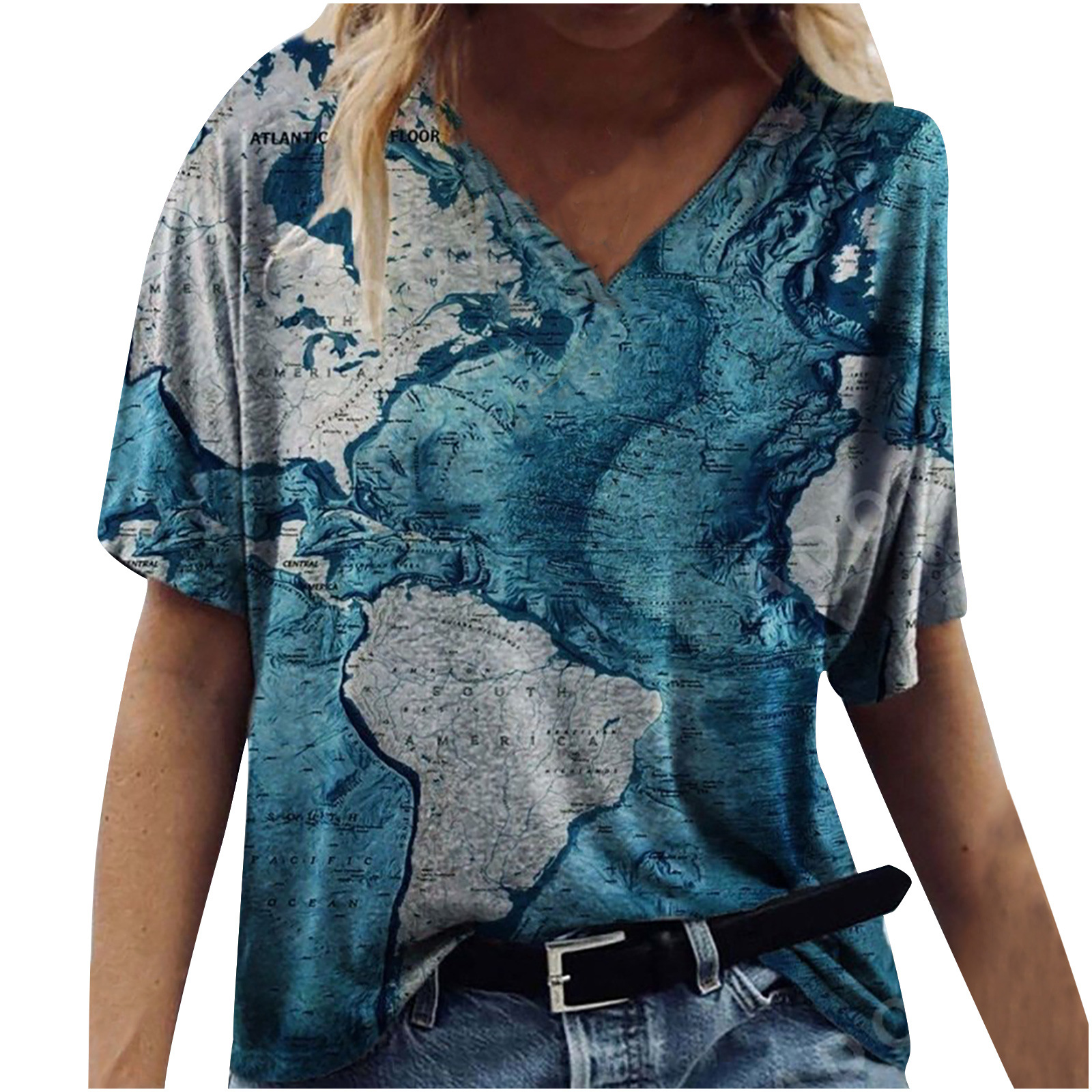 Title 2, New Female Map Print V-Neck Short-Sleeved T-Shirt