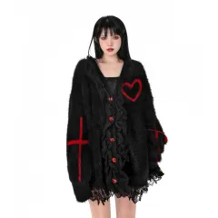 Red With Cross Love Lace Decorative Sweater Coat - Black - View 1