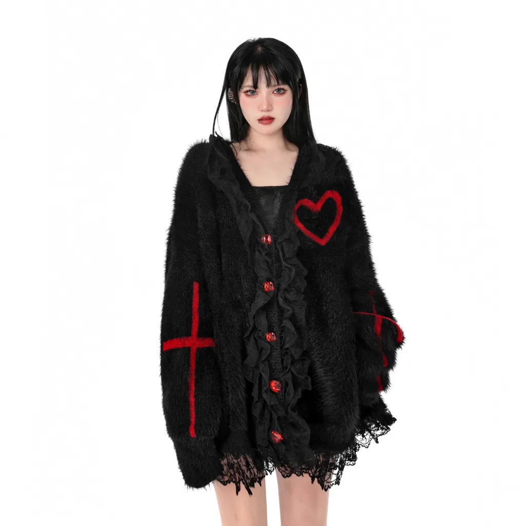 Red With Cross Love Lace Decorative Sweater Coat - Black
