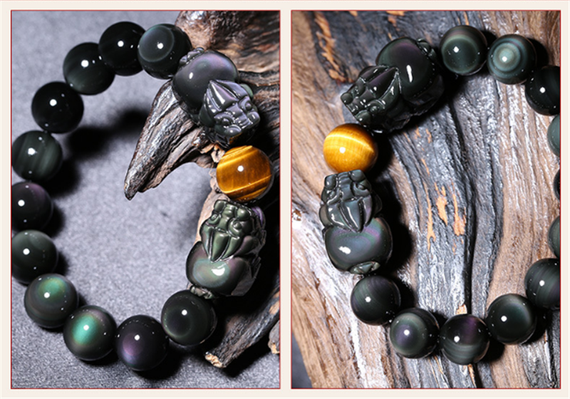 Natural Obsidian Pixiu Double Color Eye Bracelet Mythical Beast