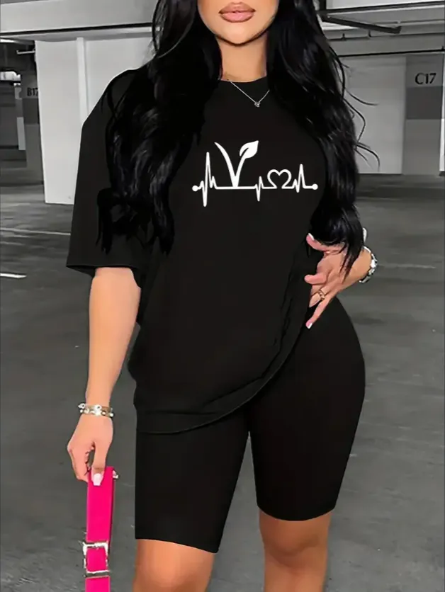 Women'S Casual Anime Heartbeat Pattern Print T Shirt And Shorts Set, Round Neck, Spring Summer Collection Black - Shop at LoveMi