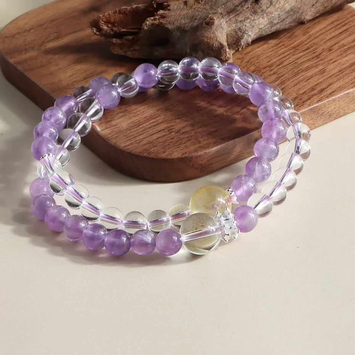 Ametist natural Brățară cuarț transparent pandantiv cu flori de perle Lanț dublu strat înțelepciune energie bijuterii pentru femei