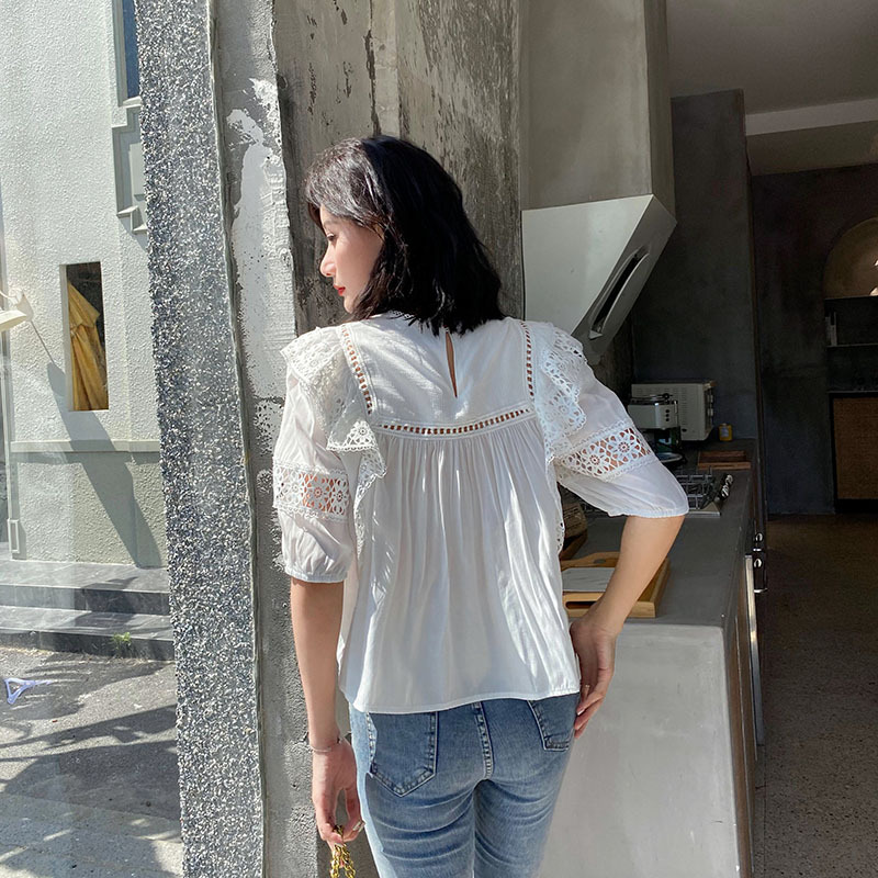 Women's Versatile Crew Neck Panel Ruffle Cutout Top