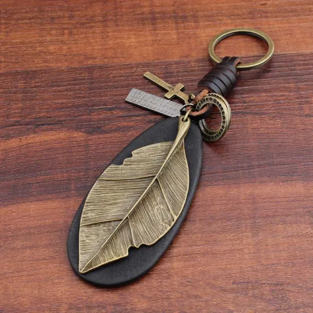 Pure Handmade Cowhide Leaf Keychain Retro Creative Keychain - Shop at LoveMi
