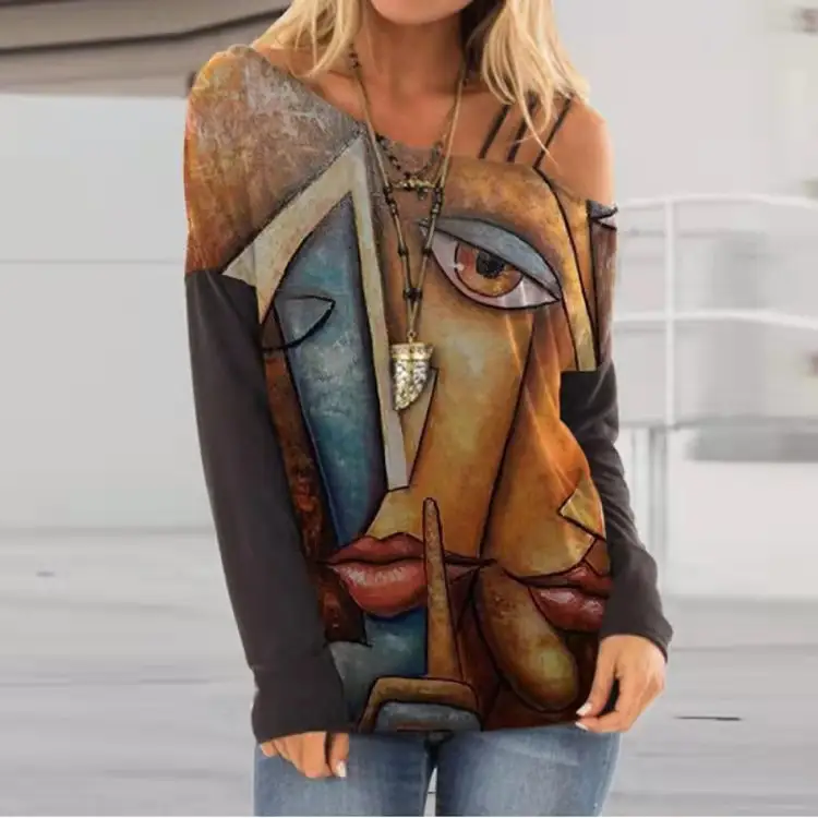 Sexy Leaky Shoulder Printed Long Sleeve T-Shirt Women