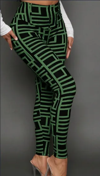 Casual Women Geometric Print Knitted Leggings - Green