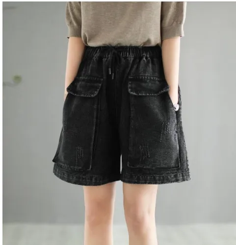High Waist Plus Size Denim Shorts Women's Literary And Artistic Distressed Wide Leg Jeans Black - Shop at LoveMi