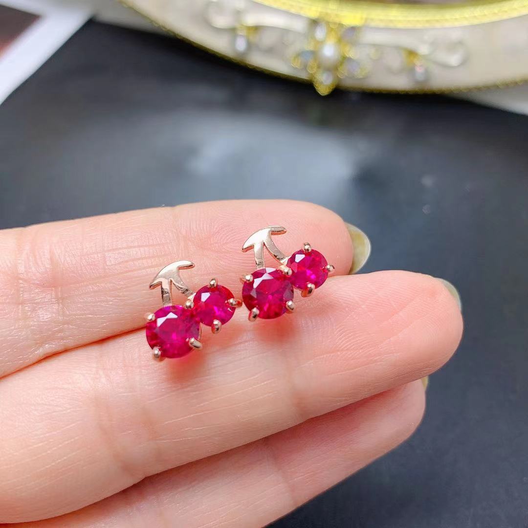 Title 5, Red Corundum Small Cherry 925 Silver Stud Earri...