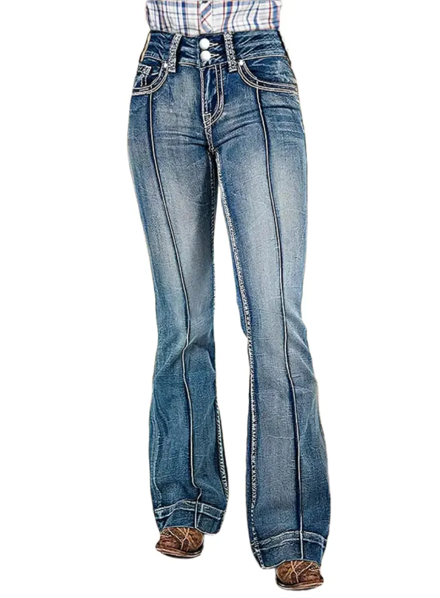 Women's Vintage High Waist Flare Jeans, Retro Paneled Bootcut Denim With Double Button Closure, Flattering Wide Leg Pants Blue - Shop at LoveMi