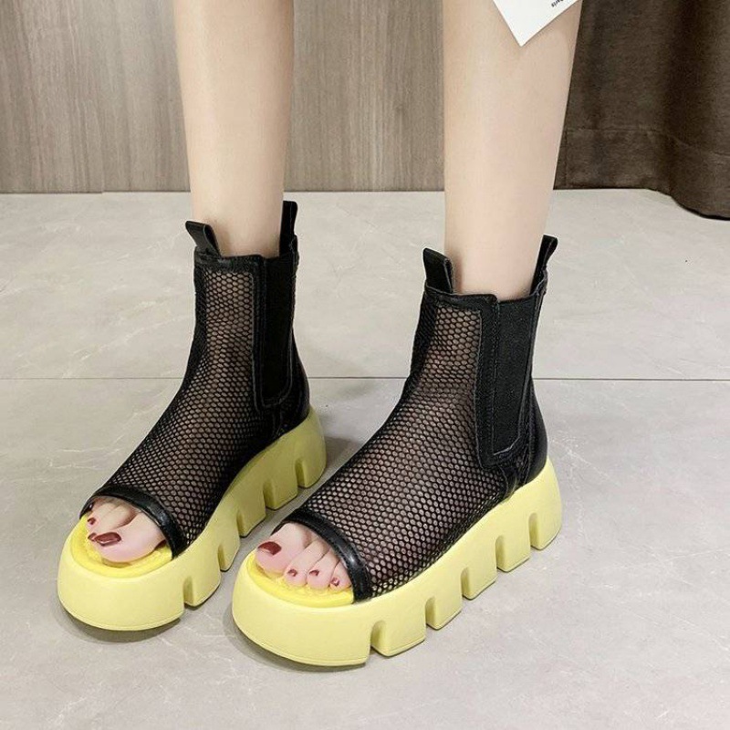 Soft Leather Mesh Hollow Platform Platform Wedge Martin Boots