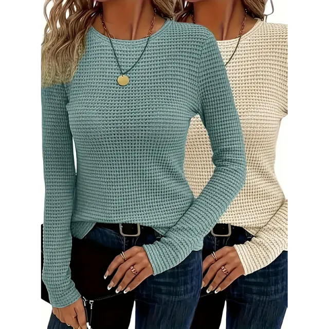 2 Pack Womens Waffle Knit Tops Long Sleeve Crewneck Shirts Business Casual Blouses Basic Shirts Green Apricot - Shop at LoveMi