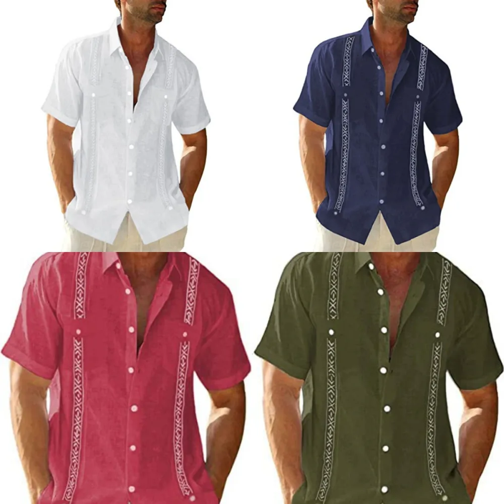 Men's Casual Guayabera Cuban Shirt Outdoor Short Sleeve Printed