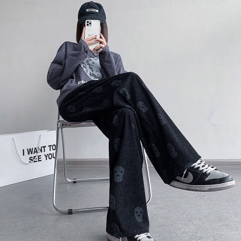 Women's Loose Straight Corduroy Casual Pants Black - Shop at LoveMi