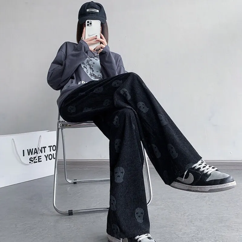 Women's Loose Straight Corduroy Casual Pants - Black