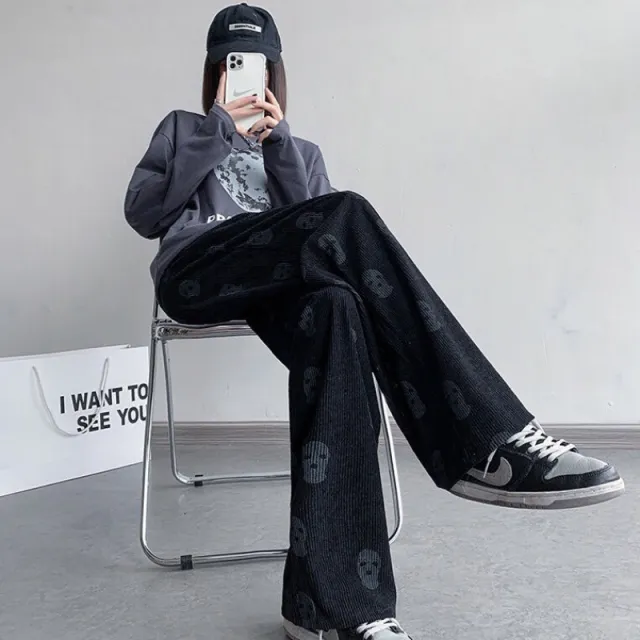 Women's Loose Straight Corduroy Casual Pants Black - Shop at LoveMi