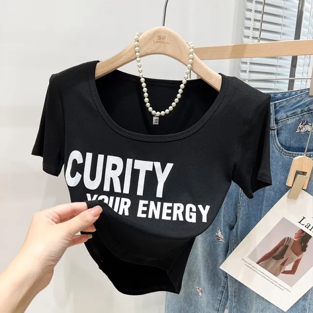 Short sleeved T shirt Women's Western Style Retro Print V neck Square Collar Black And White - Shop at LoveMi